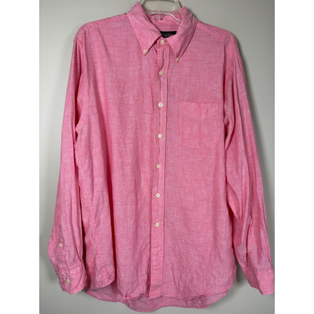 Brooks Brothers Mens Pink 100% Irish Linen Button Down Long Sleeve Shirt Large